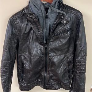 Express pleather brown jacket zip up grey hoodie size small vintage men